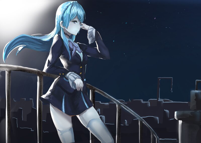 Blue-haired Anime Girl — Blue, Dramatic, Night, Digital Art, Railing