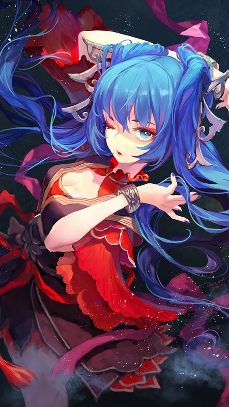 Blue-haired Anime Girl — Blue, Dramatic, Night, Digital Art, Red Dress