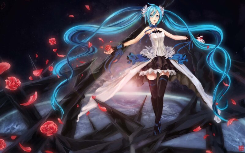 Blue-haired Anime Girl — Blue, Dramatic, Night, Digital Art, Roses