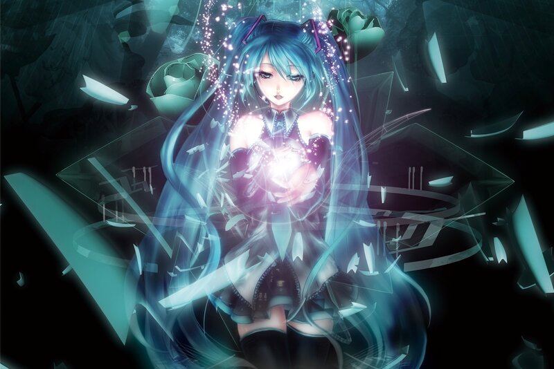 Blue-haired Anime Girl — Blue, Dramatic, Night, Digital Art, Sparkles, Crystal Shards, Light Effect