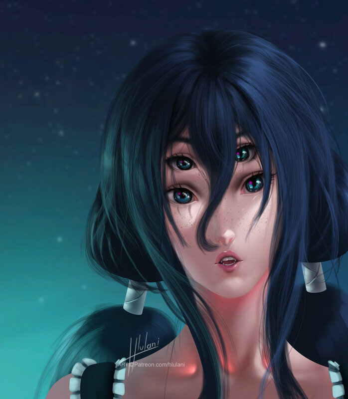 Blue-haired Anime Girl — Blue, Dramatic, Night, Digital Art, Stars, Eyes