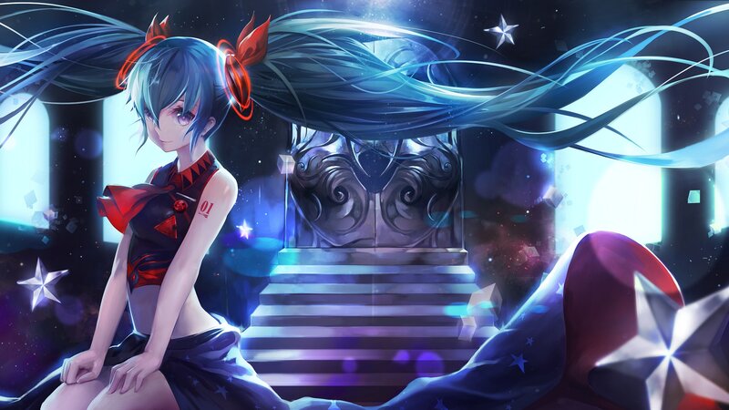 Blue-haired Anime Girl — Blue, Dramatic, Night, Digital Art, Stars, Stairs