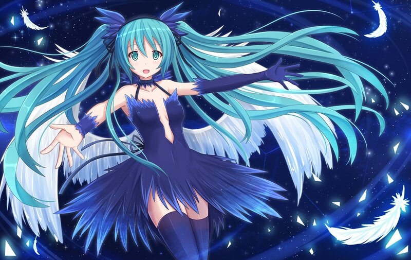 Blue-haired Anime Girl — Blue, Dramatic, Night, Digital Art, Wings