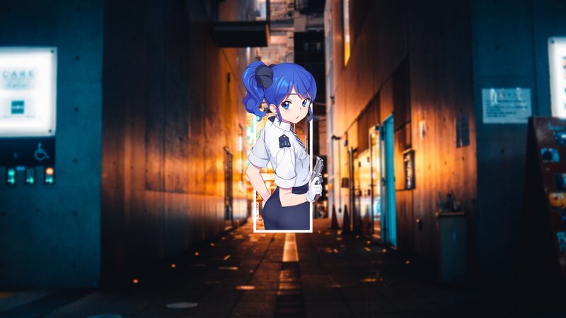 Blue-haired Anime Girl — Blue, Dramatic, Night, Gun, Alley