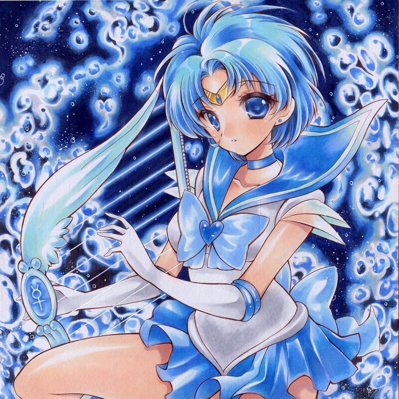 Blue-haired Anime Girl — Blue, Dramatic, Night, Harp