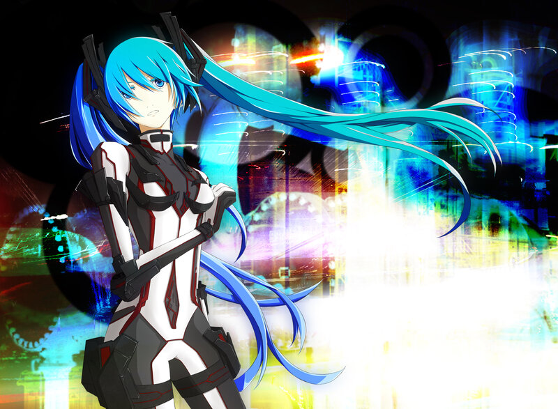 Blue-haired Anime Girl — Blue, Dramatic, Night, Long Hair, Mechanical Suit