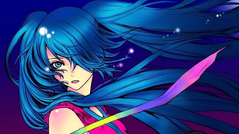 Blue-haired Anime Girl — Blue, Dramatic, Night, Long Hair, Pink Top