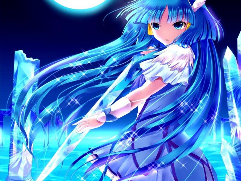 Blue-haired Anime Girl — Blue, Dramatic, Night, Moon, Crystals
