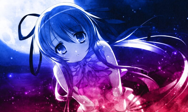Blue-haired Anime Girl — Blue, Dramatic, Night, Moon, Rain