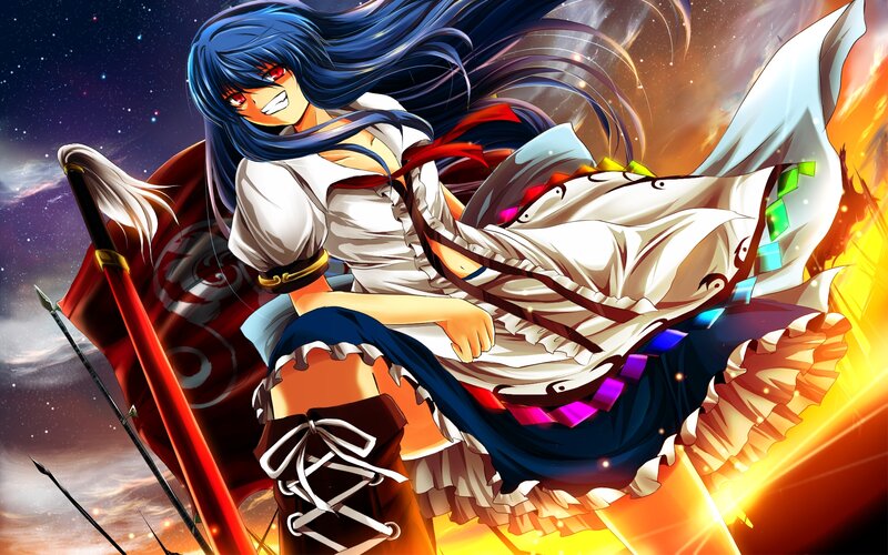 Blue-haired Anime Girl — Blue, Dramatic, Night, Sword