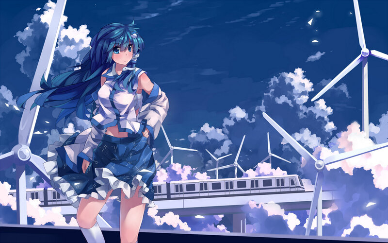 Blue-haired Anime Girl — Blue, Dramatic, Night, Wind Turbines