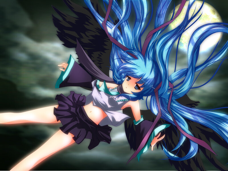Blue-haired Anime Girl — Blue, Dramatic, Night, Wings