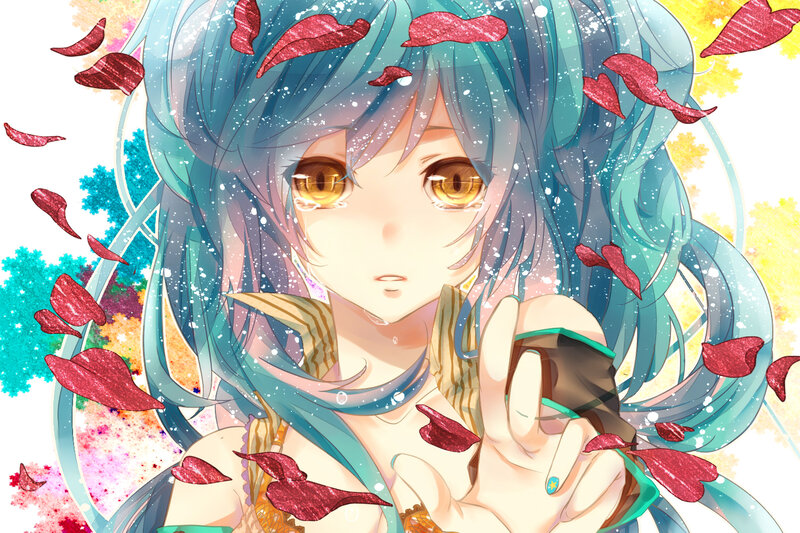 Blue-haired Anime Girl — Blue, Dramatic, Petals