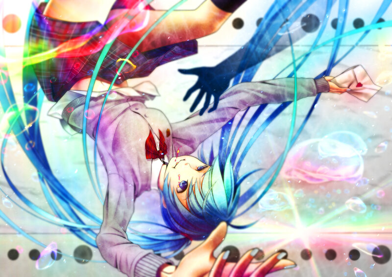 Blue-haired Anime Girl — Blue, Dramatic, School Uniform, Bubbles