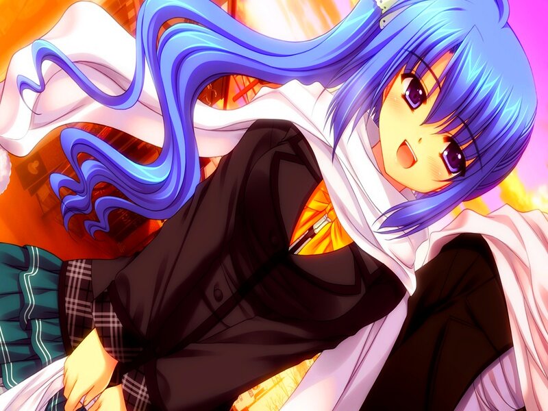 Blue-haired Anime Girl — Blue, Dramatic, School Uniform, Scarf
