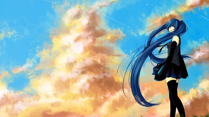 Blue-haired Anime Girl — Blue, Dramatic, Sunset, Clouds