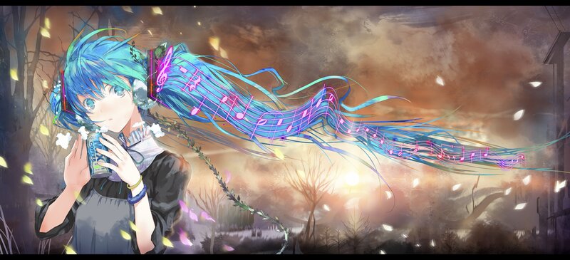 Blue-haired Anime Girl — Blue, Dramatic, Sunset, Digital Art