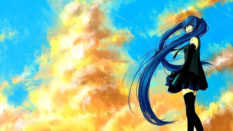Blue-haired Anime Girl — Blue, Dramatic, Sunset, Sky, Clouds, Birds