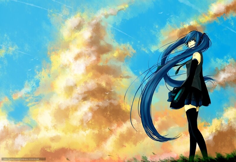 Blue-haired Anime Girl — Blue, Dramatic, Sunset, Sky, Clouds