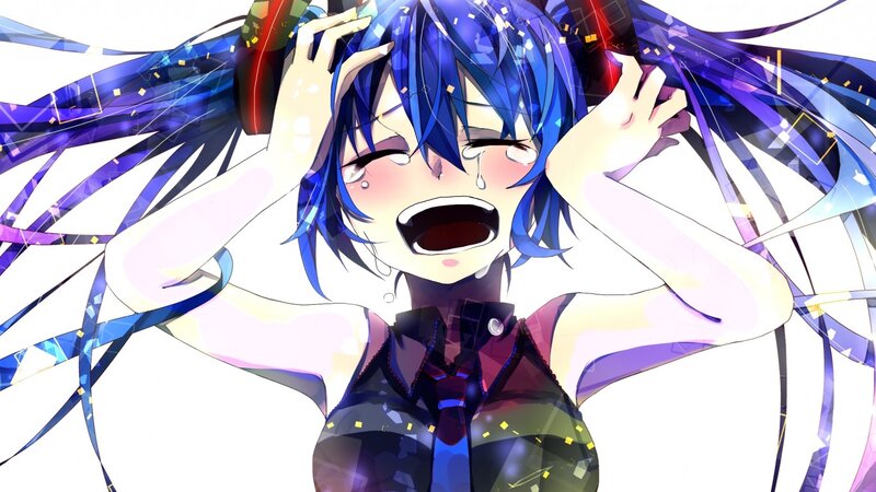 Blue-haired Anime Girl — Blue, Dramatic, Tears, Headphones