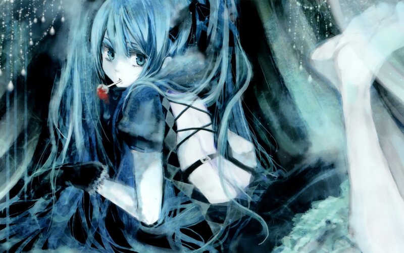 Blue-haired Anime Girl — Blue, Dreamy, Cherry