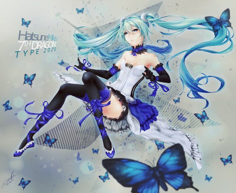 Blue-haired Anime Girl — Blue, Dreamy, Digital Art, Butterflies