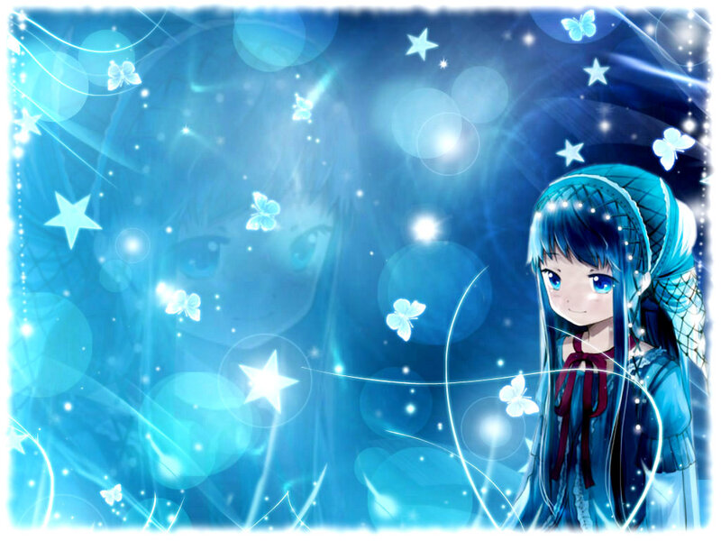Blue-haired Anime Girl — Blue, Dreamy, Night, Butterflies