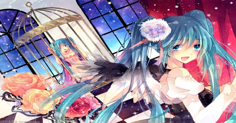 Blue-haired Anime Girl — Blue, Dreamy, Night, Digital Art, Birdcage
