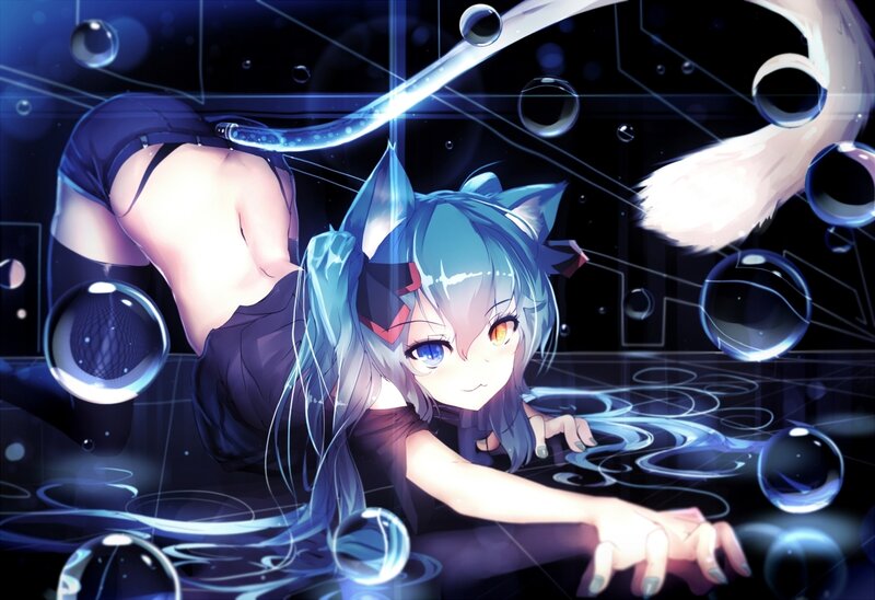 Blue-haired Anime Girl — Blue, Dreamy, Night, Digital Art, Cat Ears