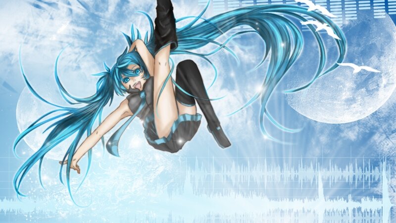 Blue-haired Anime Girl — Blue, Dreamy, Night, Digital Art, Moon