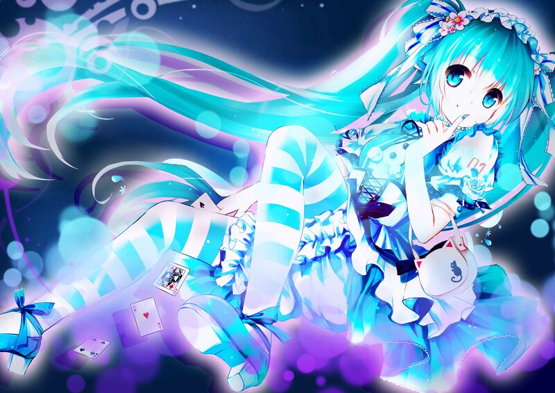 Blue-haired Anime Girl — Blue, Dreamy, Night, Digital Art, Playing Cards