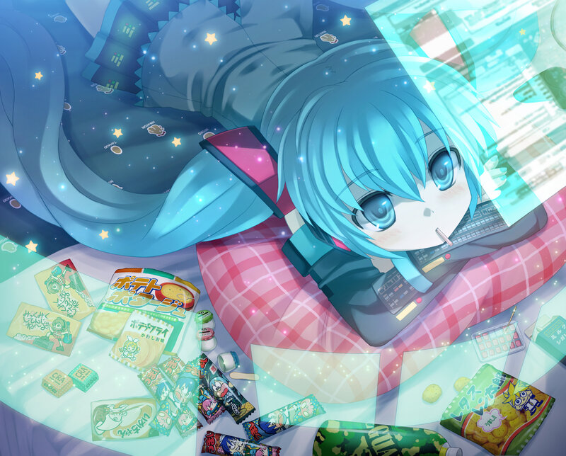 Blue-haired Anime Girl — Blue, Dreamy, Night, Digital Art, Snacks
