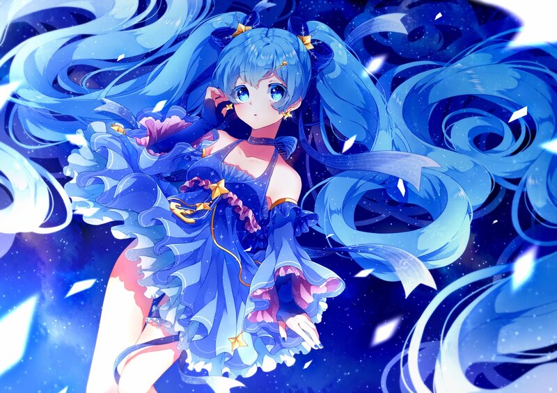 Blue-haired Anime Girl — Blue, Dreamy, Night, Digital Art, Stars