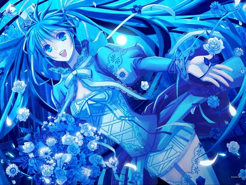 Blue-haired Anime Girl — Blue, Dreamy, Night, Flowers