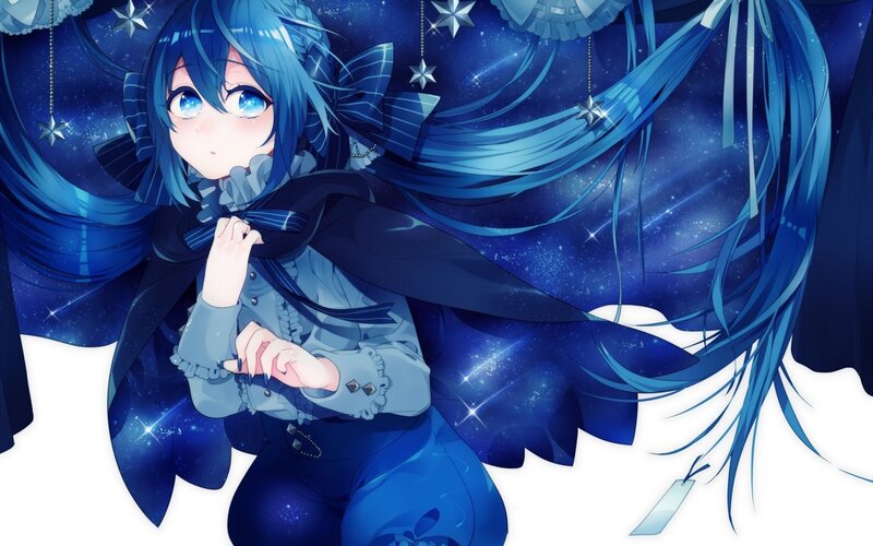 Blue-haired Anime Girl — Blue, Dreamy, Night, Stars, Snow