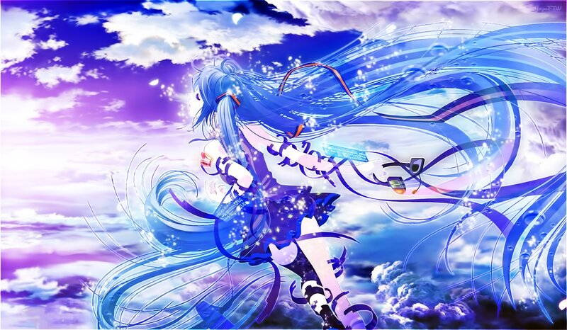 Blue-haired Anime Girl — Blue, Dynamic, Digital Art, Clouds