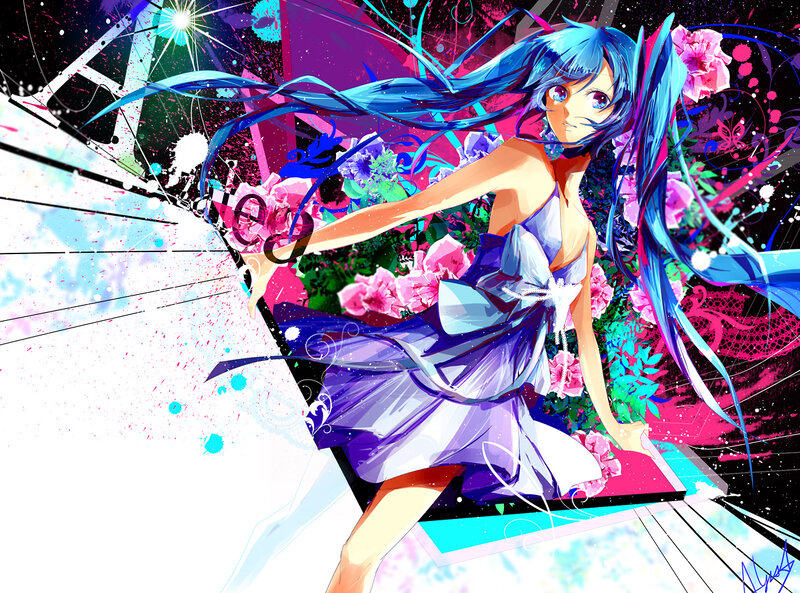 Blue-haired Anime Girl — Blue, Dynamic, Digital Art, Flowers
