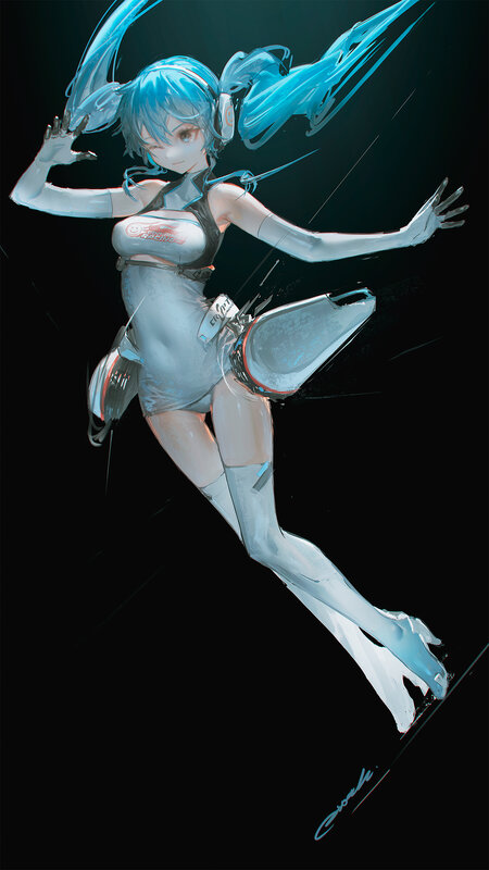 Blue-haired Anime Girl — Blue, Dynamic, Digital Art, Headphones, Robotic Limbs