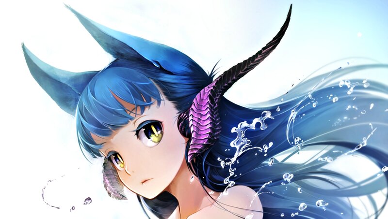 Blue-haired Anime Girl — Blue, Dynamic, Dragon Horns