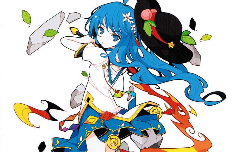 Blue-haired Anime Girl — Blue, Dynamic, Hat, Flames, Crystals