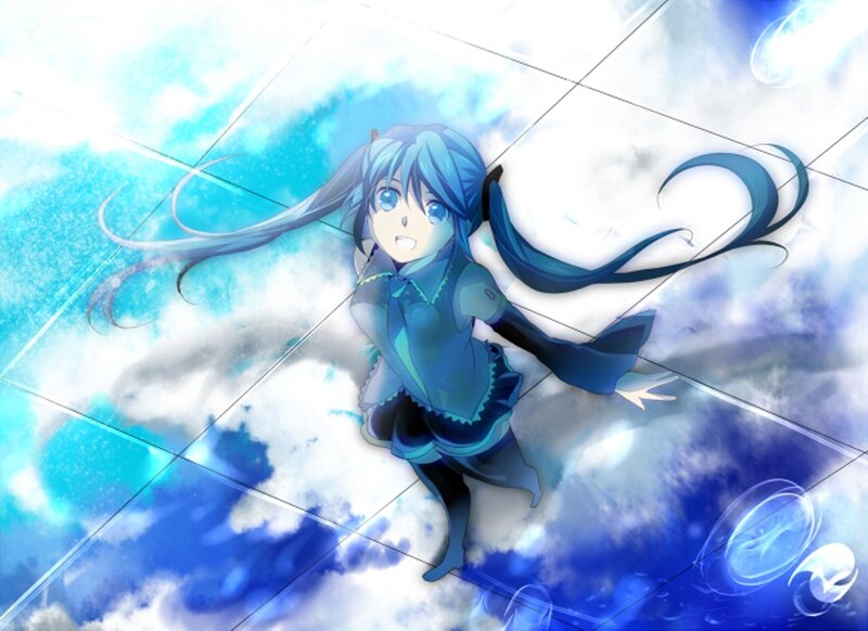 Blue-haired Anime Girl — Blue, Dynamic, Long Hair, Clouds