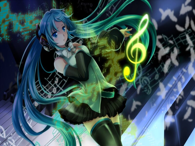 Blue-haired Anime Girl — Blue, Dynamic, Night, Music Notes