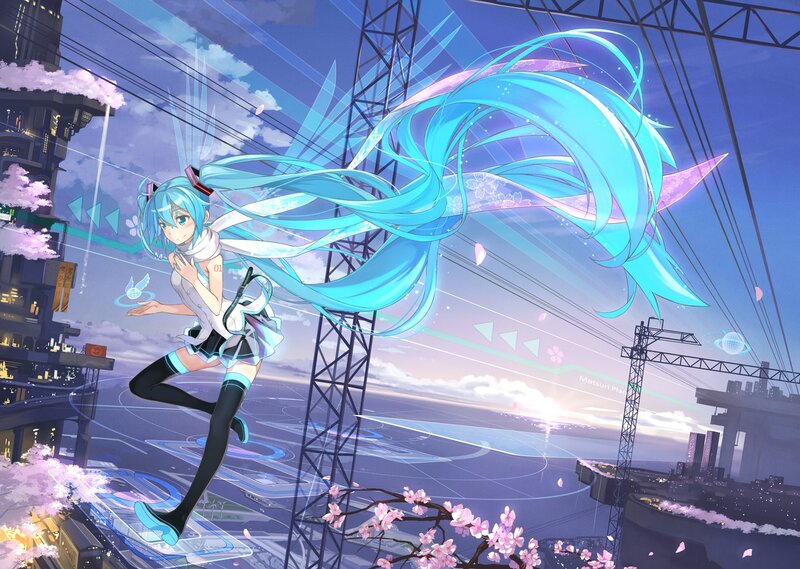 Blue-haired Anime Girl — Blue, Dynamic, Sunset, Cherry Blossoms