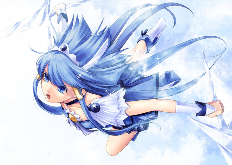 Blue-haired Anime Girl — Blue, Dynamic, Sword, Clouds, Sparkles