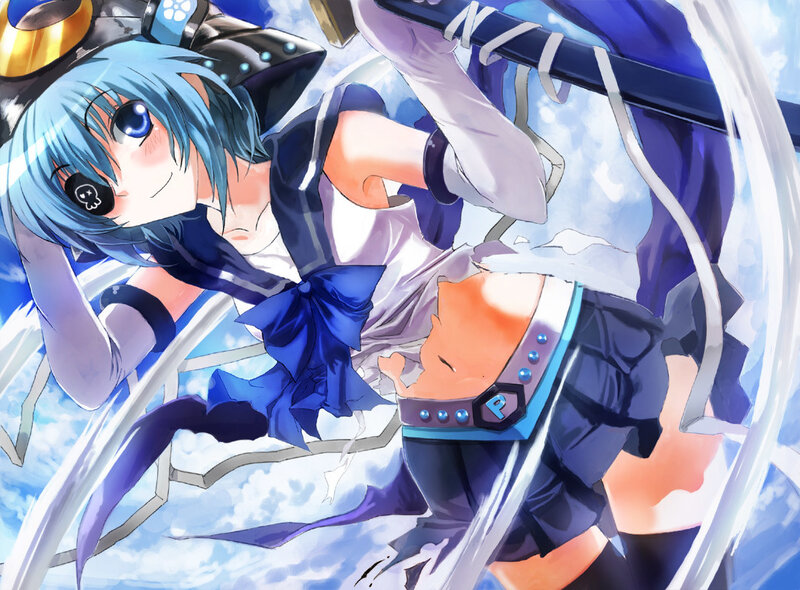 Blue-haired Anime Girl — Blue, Dynamic, Sword, Clouds