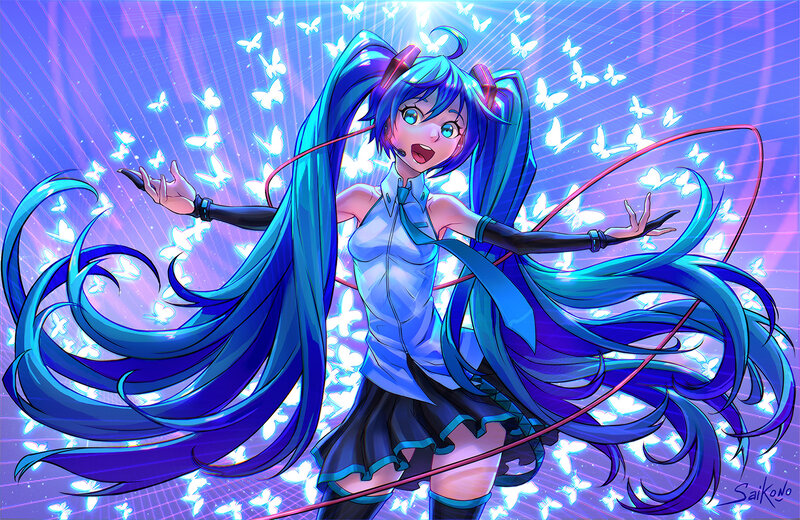 Blue-haired Anime Girl — Blue, Energetic, Digital Art, Butterflies