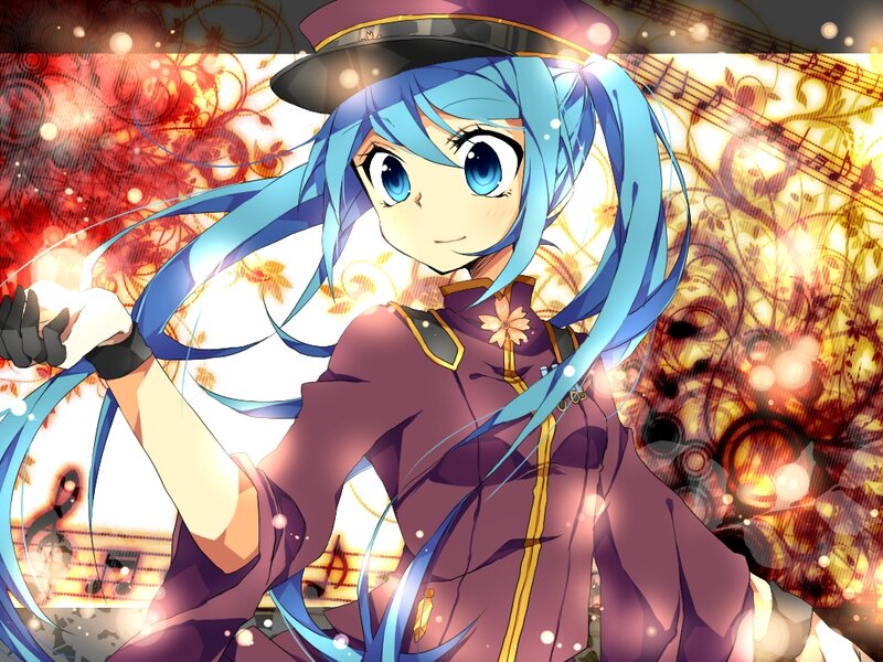 Blue-haired Anime Girl — Blue, Energetic, Hat, Music Notes