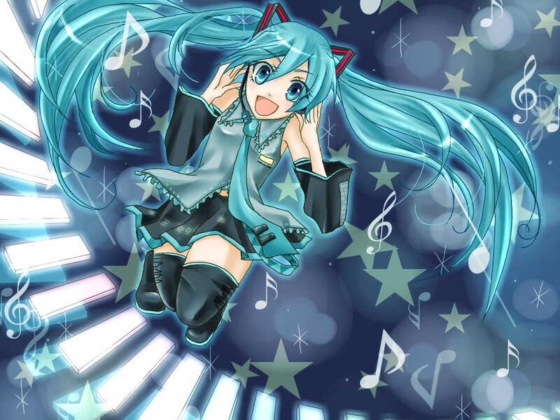 Blue-haired Anime Girl — Blue, Energetic, Music Notes, Stars