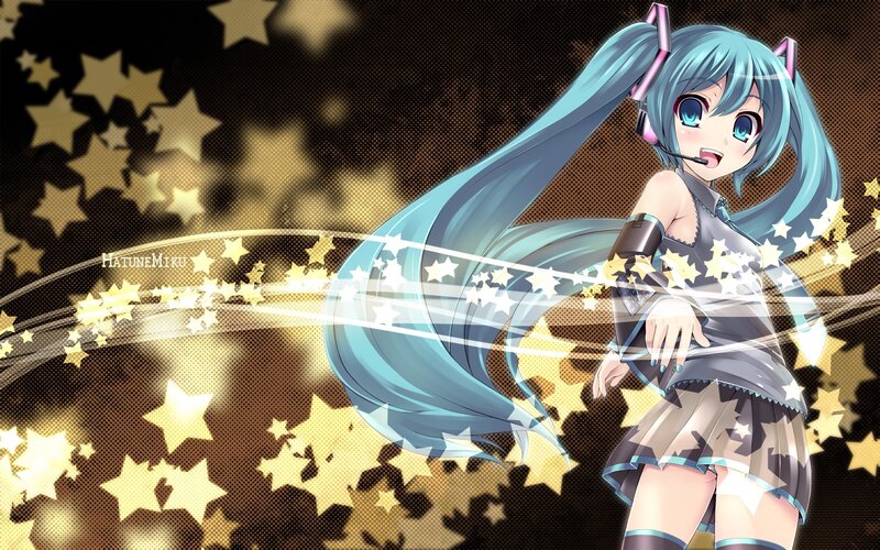 Blue-haired Anime Girl — Blue, Energetic, Stars, Microphone, Cat Ears, Gold