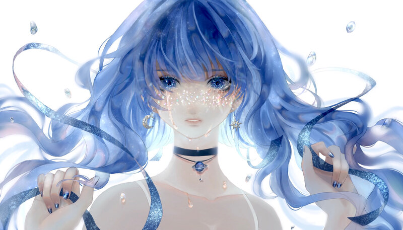 Blue-haired Anime Girl — Blue, Ethereal, Digital Art, Choker